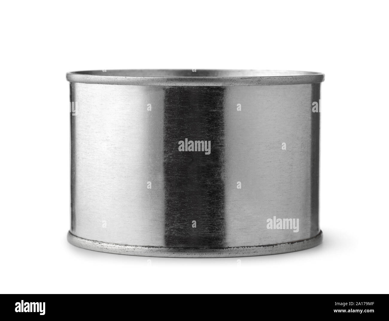 Front view of old tin can isolated on a white Stock Photo