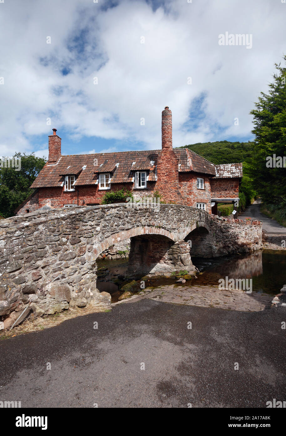 Bridge, ford and cottage at Allerford village. Exmoor National Park. Somerset. UK. Stock Photo