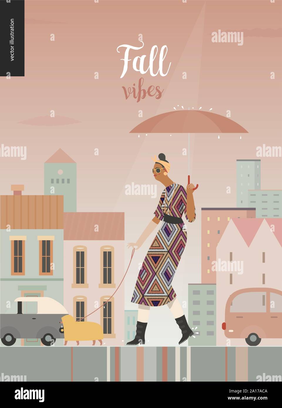 Rain -walking woman with a dog -modern flat vector concept illustration of a woman with umbrella, walking in the rain in the street with a dog wearing Stock Vector