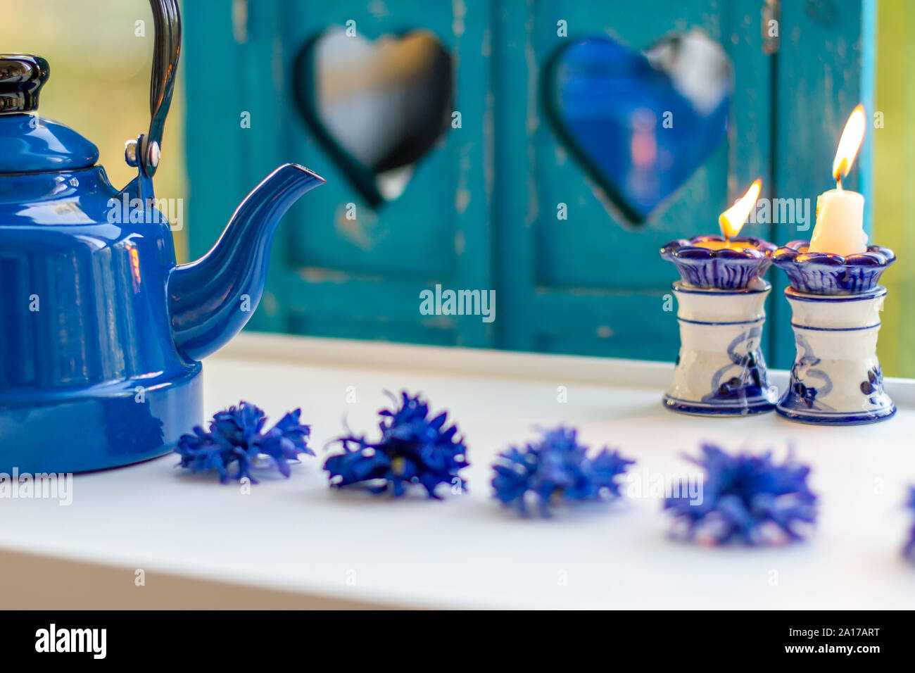 Blue vintage ceramic teapot and teacup. Tea and coffee concept Stock Photo