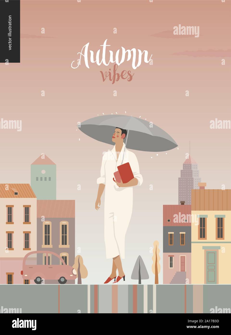 Rain - standing woman - modern flat vector concept illustration of an adult brunette woman wearing white, with umbrella and purse, standing in the rai Stock Vector