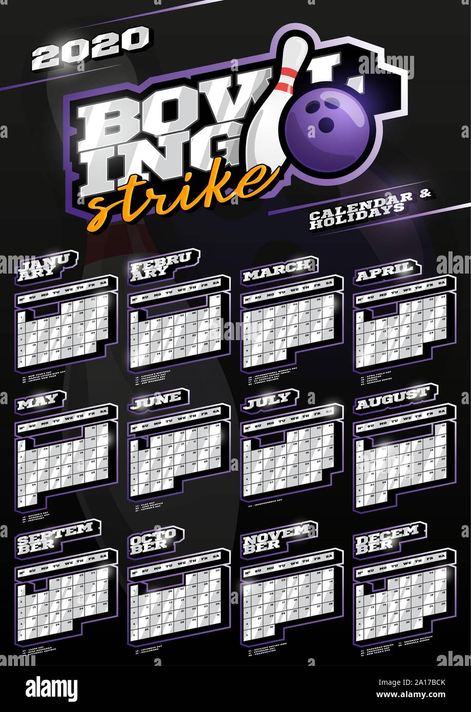 Bowling sport wall vertical calendar for 2020. One page Retro style