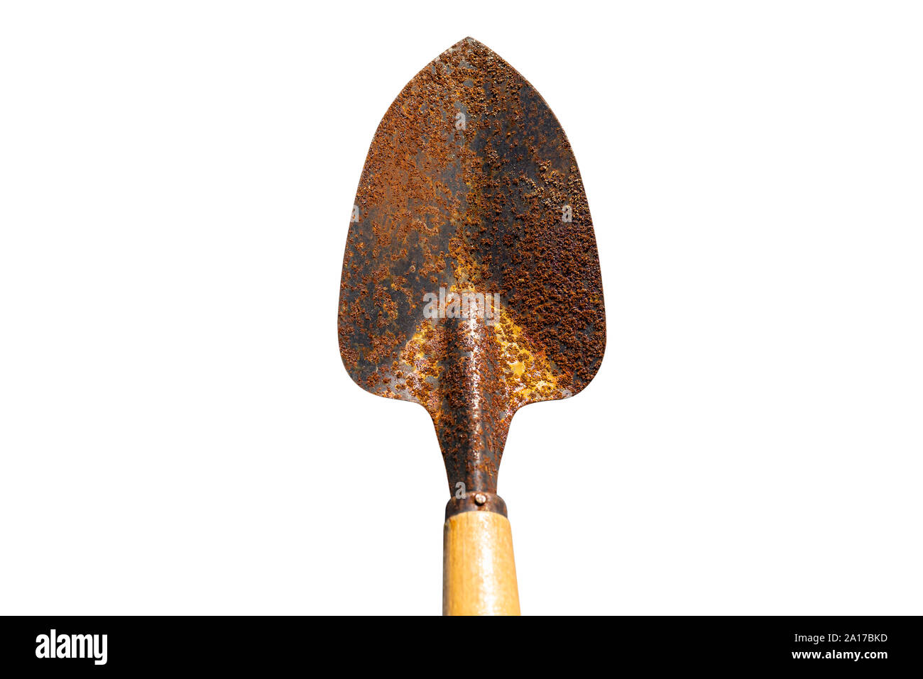 An old, rust covered small shovel with a pointed end, isolated on white background with a clipping path. Stock Photo