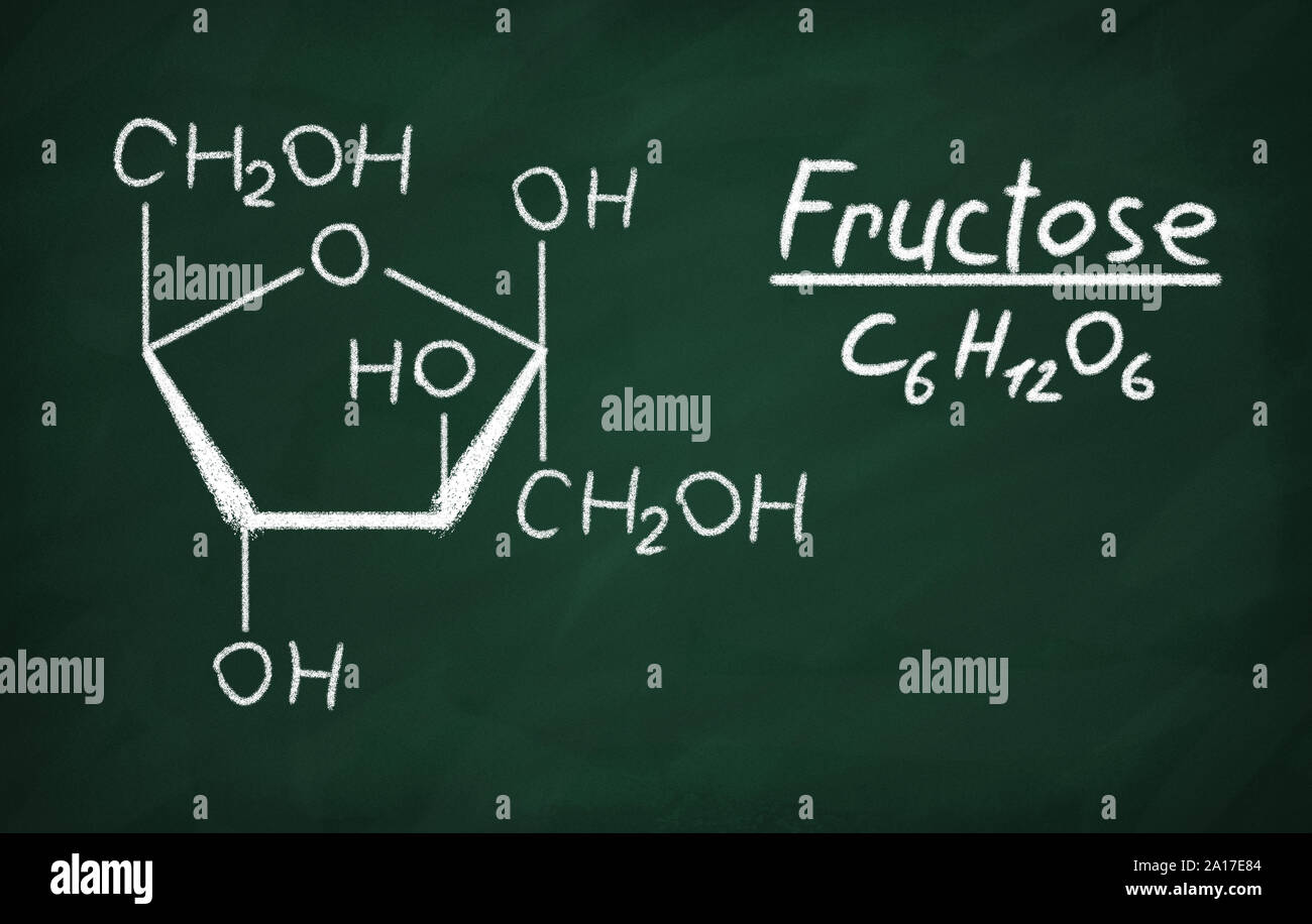 Structural model of Fructose on the blackboard. Stock Photo