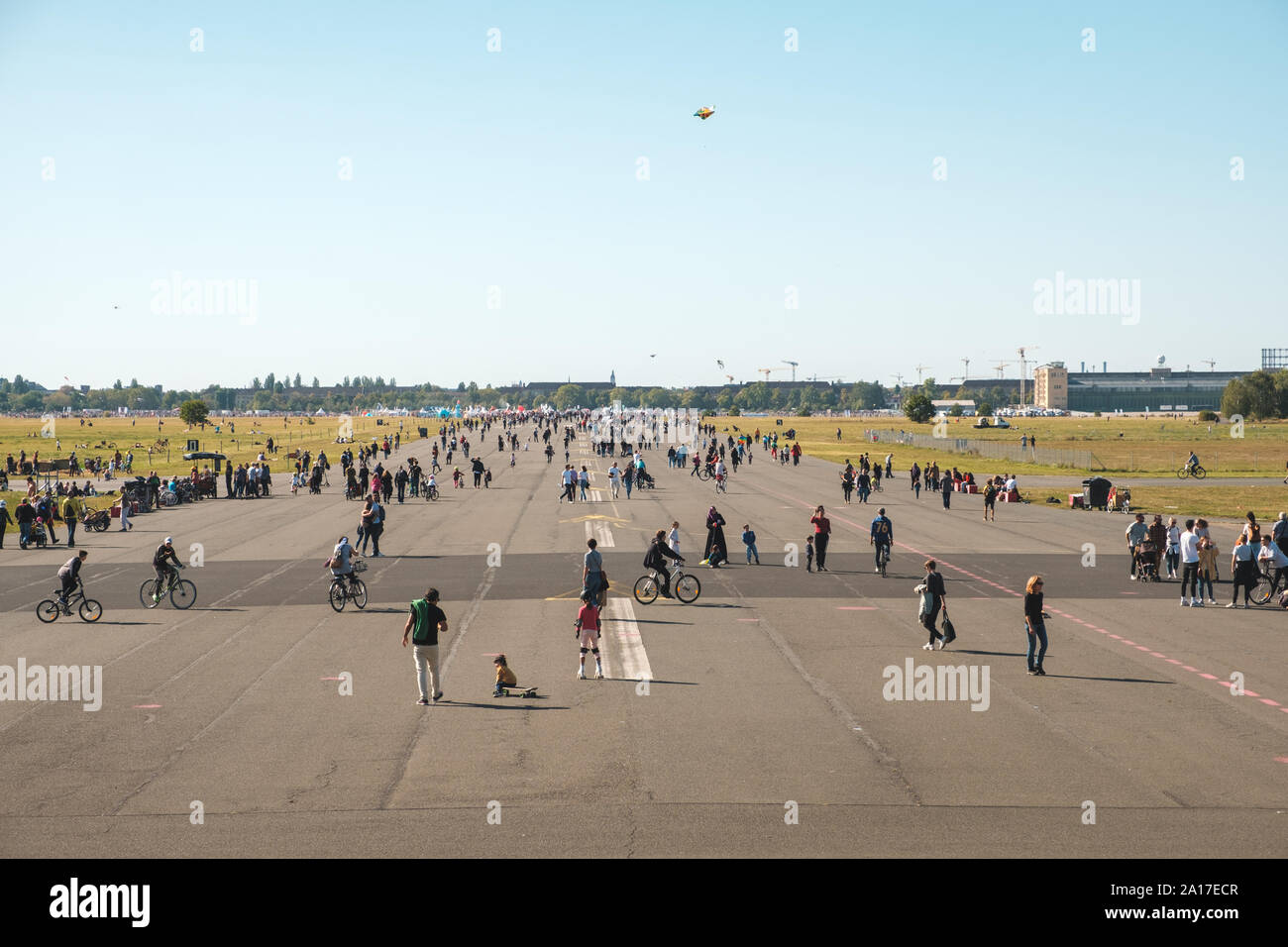 Berlin, Germany - September 2019: Many People outdoor on Airfield (Flughafen Tempelhof), former city airport in Berlin Stock Photo