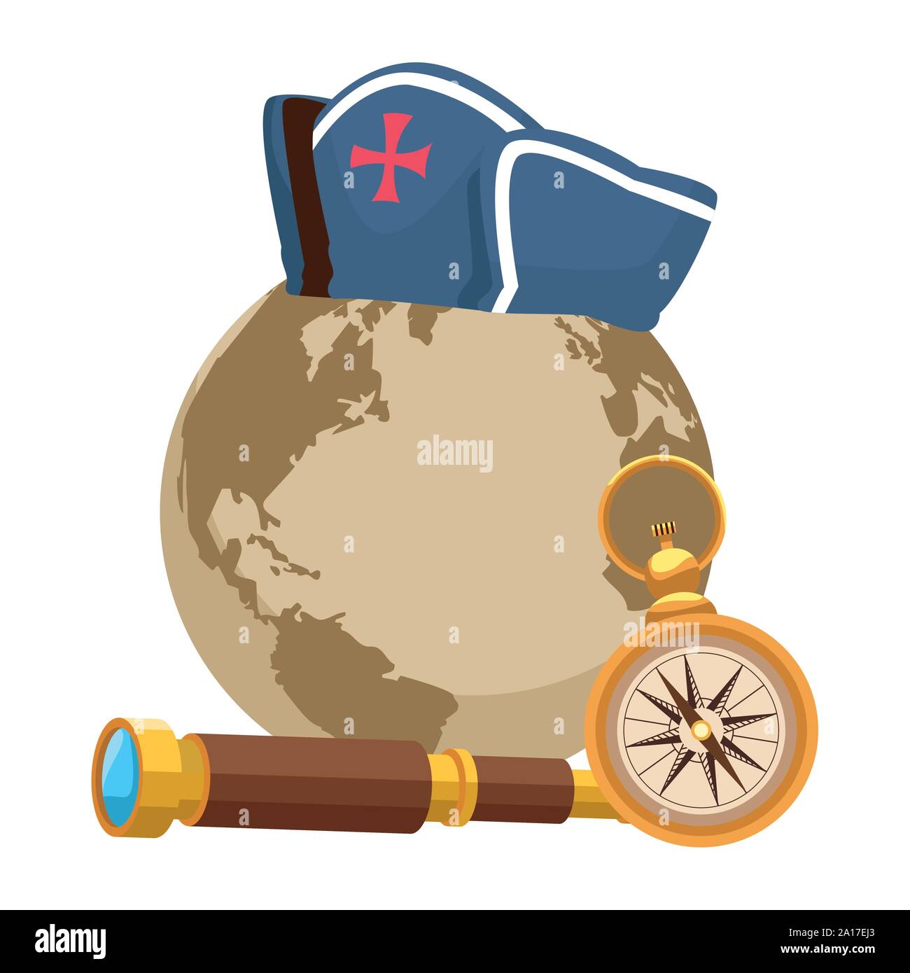 retro world map and compass and telescope navigation Stock Vector