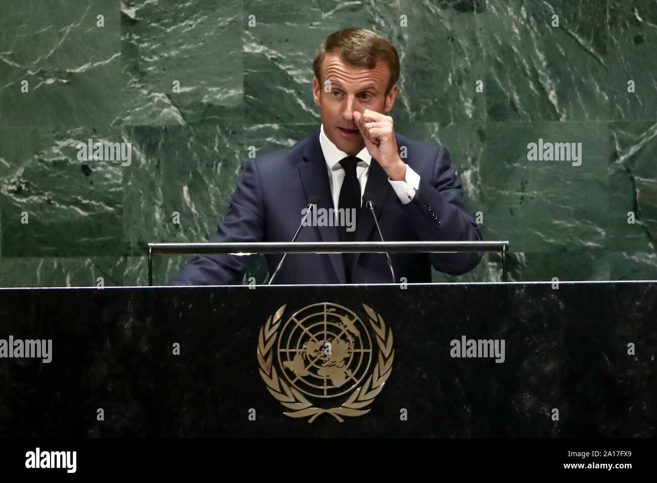 New York City, USA. 24th Sep, 2019. NEW YORK CITY, USA - SEPTEMBER 24, 2019: France's President Emmanuel Macron speaks at a ceremony to open the 74th session of the UN General Assembly at the headquarters of the United Nations in Manhattan. Valery Sharifulin/TASS Credit: ITAR-TASS News Agency/Alamy Live News Stock Photo