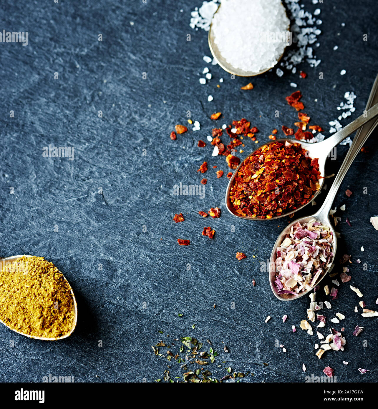 https://c8.alamy.com/comp/2A17G1W/assorted-natural-spices-on-old-spoons-rock-salt-curry-powder-dried-oregano-chili-flakes-dried-challots-flat-lay-copy-space-2A17G1W.jpg