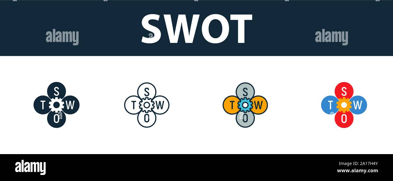 Swot icon set. Premium symbol in different styles from fintech technology icons collection. Creative swot icon filled, outline, colored and flat Stock Vector