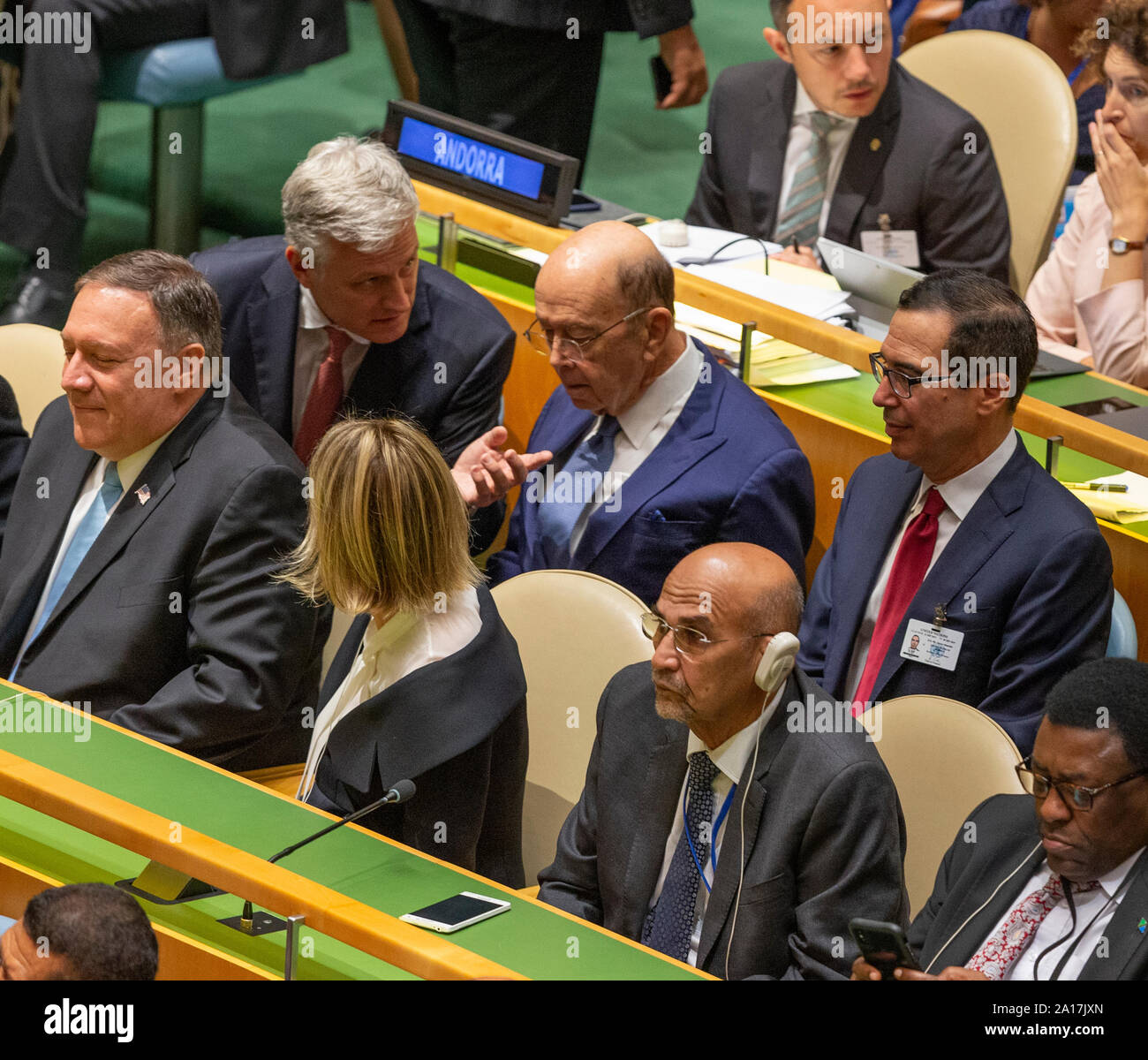 New York, NY - September 24, 2019: Mike Pompeo, Kelly Craft, Robert O'Brien, Wilbur Ross, Steven Mnuchin attend United Nations 74th General Assembly at UN Headquarters Stock Photo