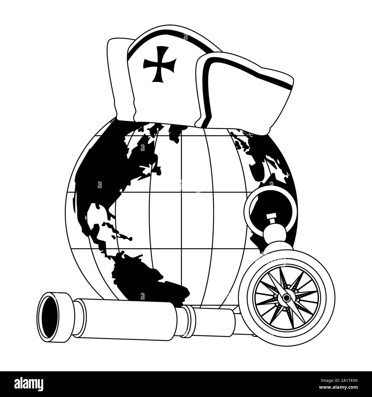retro world map and compass and telescope navigation Stock Vector