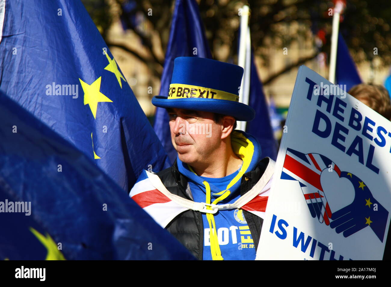 BREXIT CAST. Steve Bray during the STOP BREXIT campaign.  Book cover. The best deal sign. EU Flag. Modern History. Political History. History. Constitutional History. Russell Moore portfolio page. Stock Photo