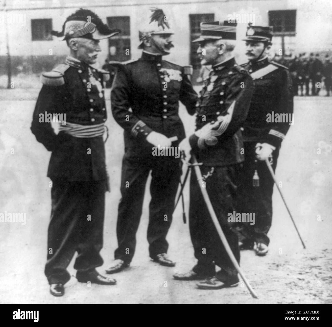 Captain Alfred Dreyfus with three French military officers, all in uniform, circa 1906 - 1916 Stock Photo