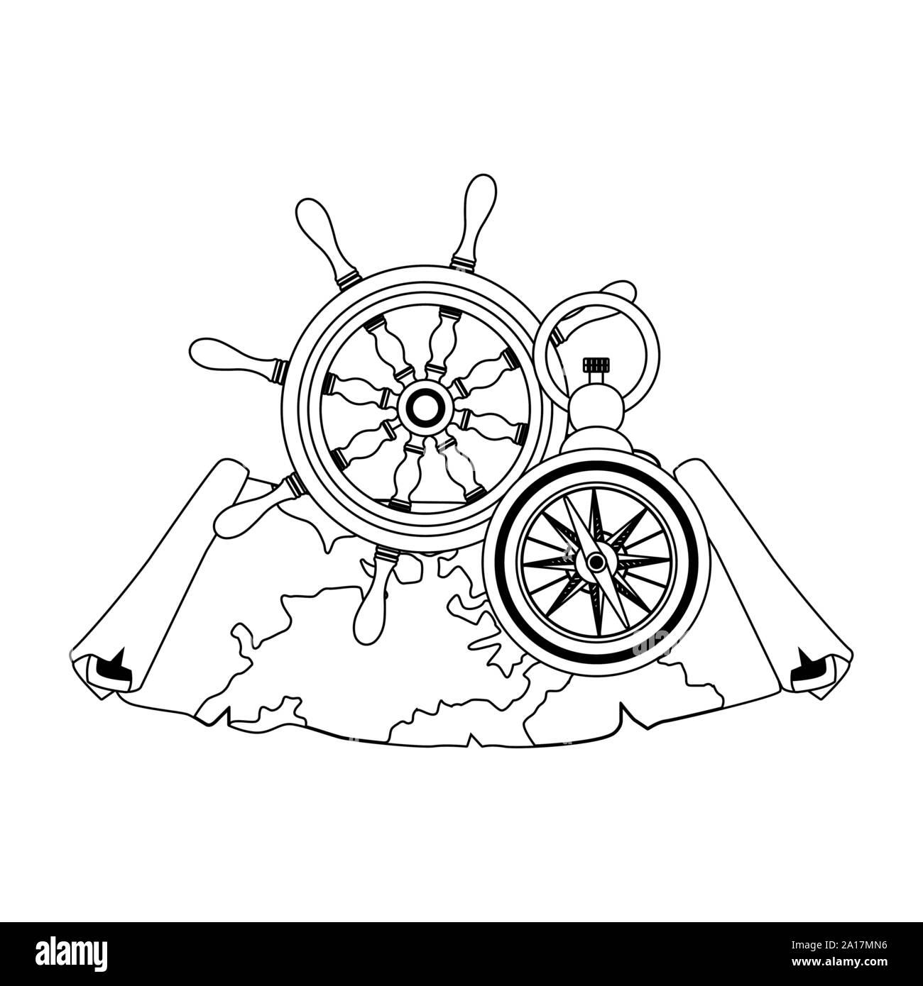 marine navigation helm with compass and paper map Stock Vector Image