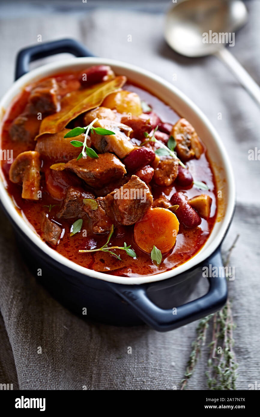 Beef goulash with mushrooms and vegetables. Symbolic image. Concept for