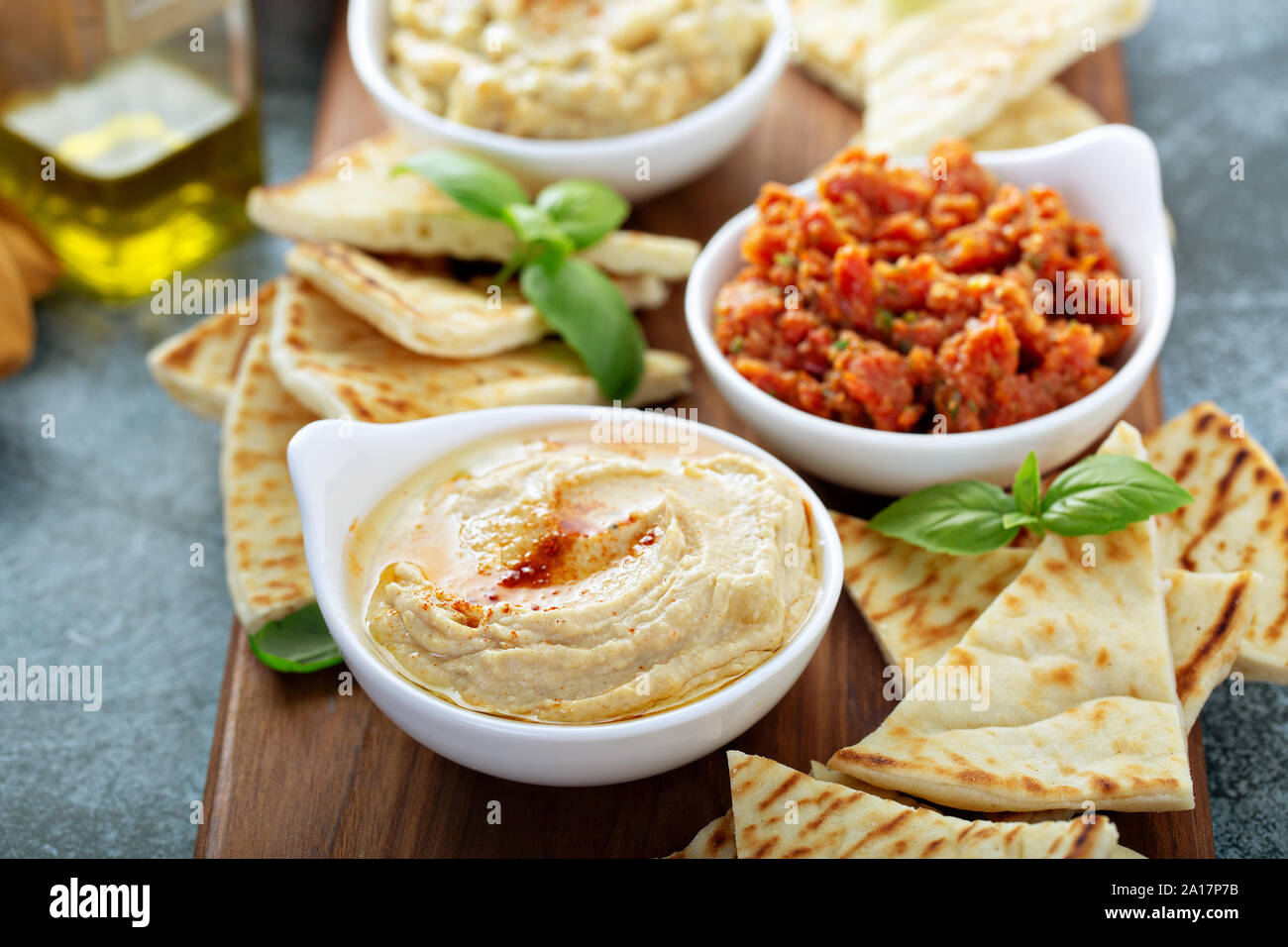 Mediterranean mezze board with pita and hummus Stock Photo Alamy