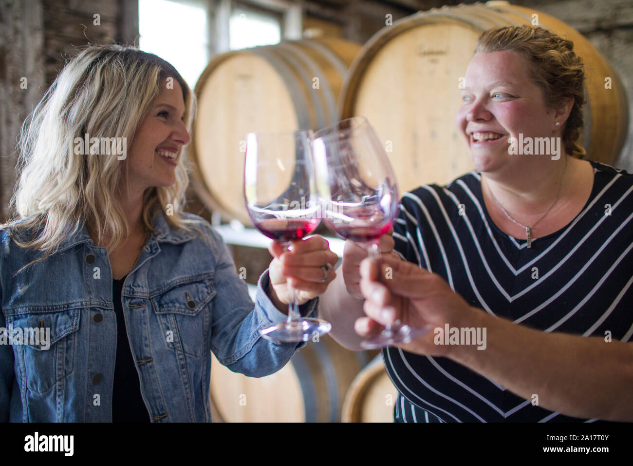 Two women raise their wine glasses with a toast while wine tasting