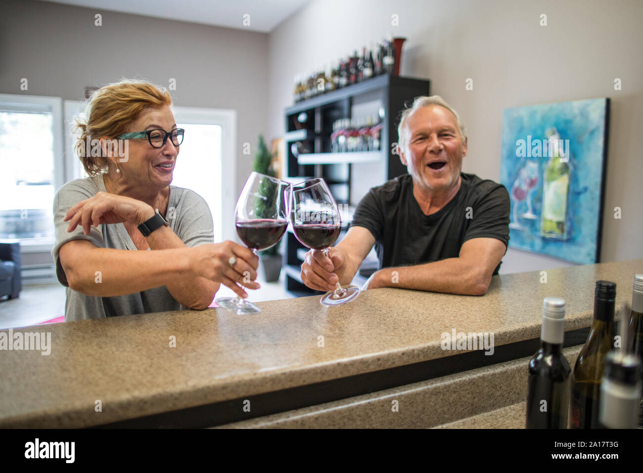 Happy retired couple wine tasting at a local vineyard. Stock Photo