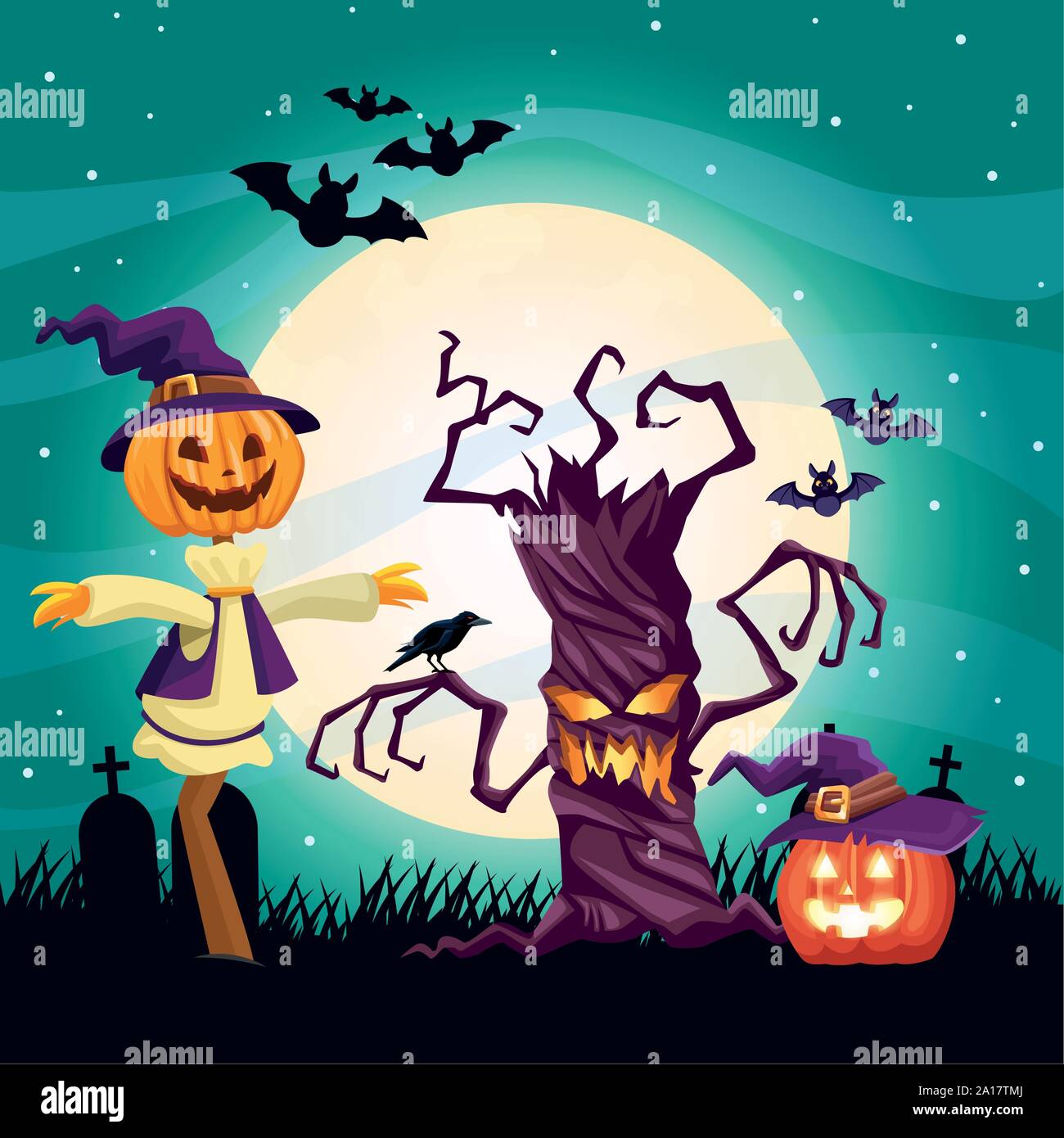 halloween dark scene with scarecrow and tree Stock Vector Image & Art ...