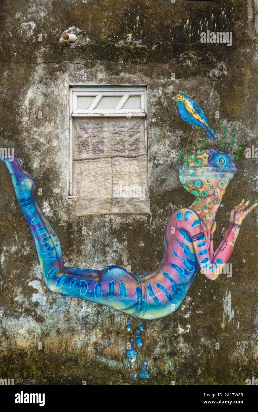 Graffiti on musty wall of old house Stock Photo