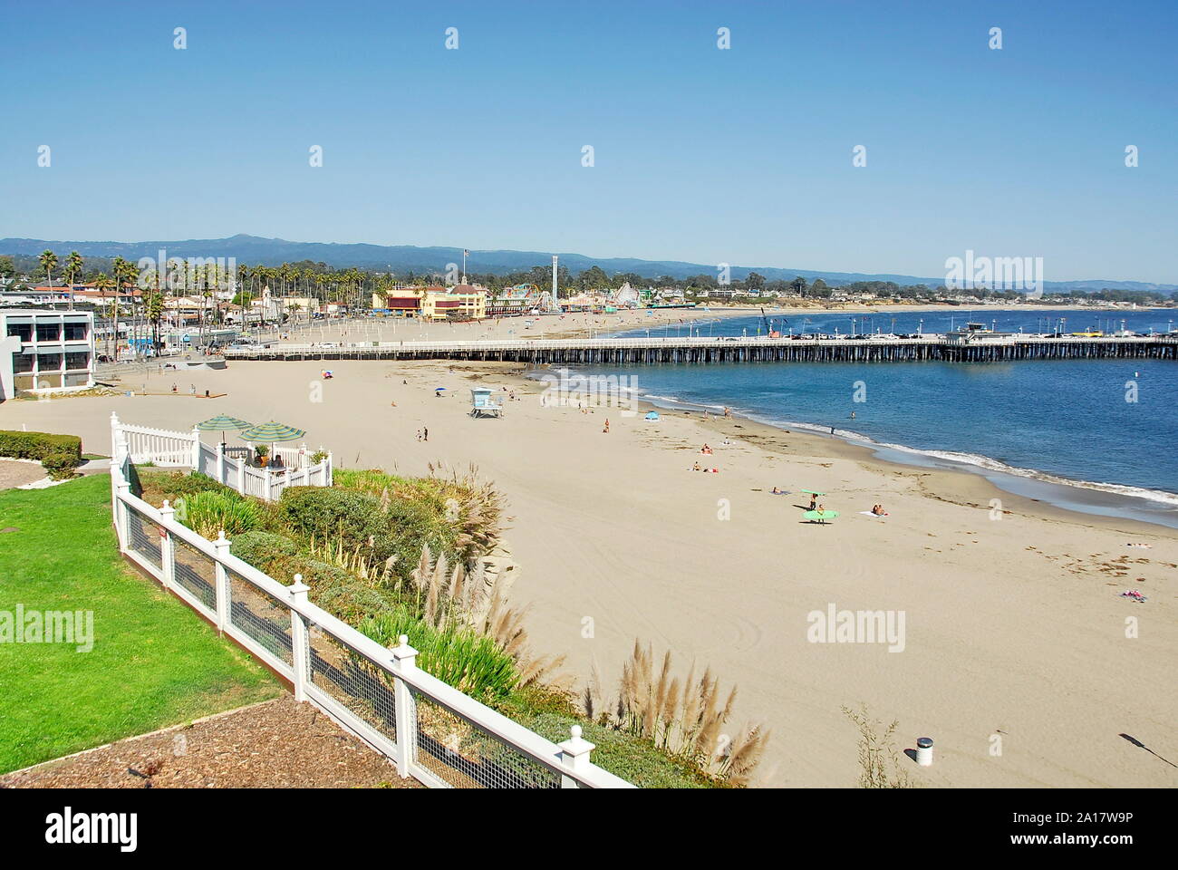 Santa Cruz Wharf as seen from Cowell Beach in the City of Santa Cruz on Monterey Bay, California Stock Photo