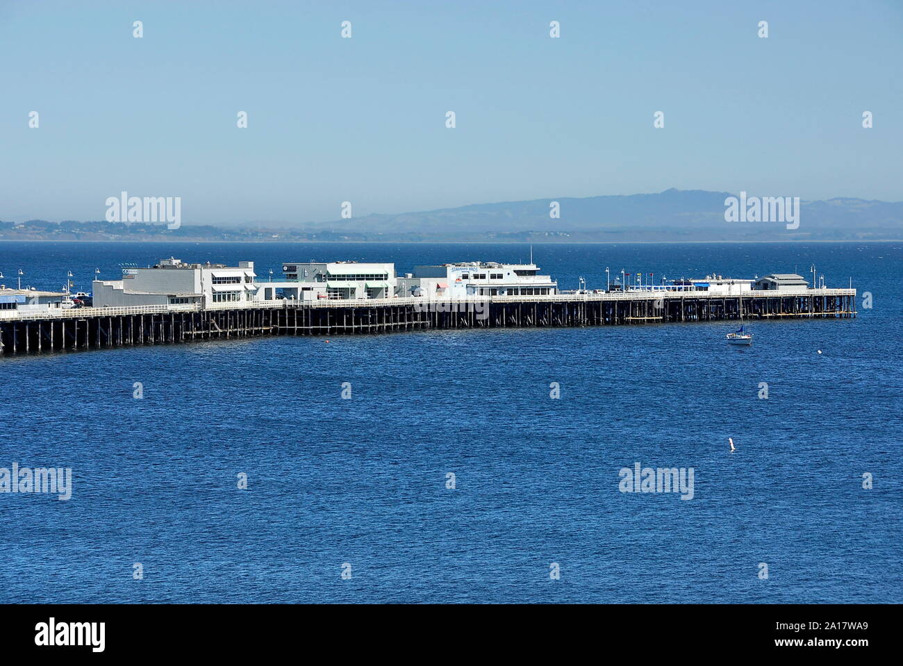 Santa Cruz Wharf with its restaurants and gift shops in the City of Santa Cruz on Monterey Bay, California Stock Photo