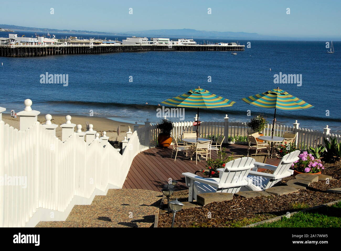 Grounds of Sea and Sand Inn above Cowell Beach in the City of Santa Cruz on Monterey Bay, California Stock Photo