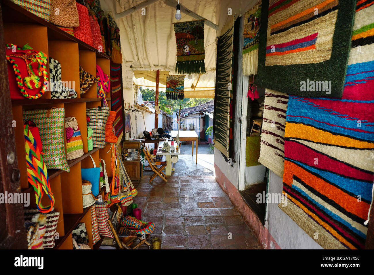 Typical Colombian crafts made in fique in store in the municipality of Curiti, Santander, Colombia Stock Photo