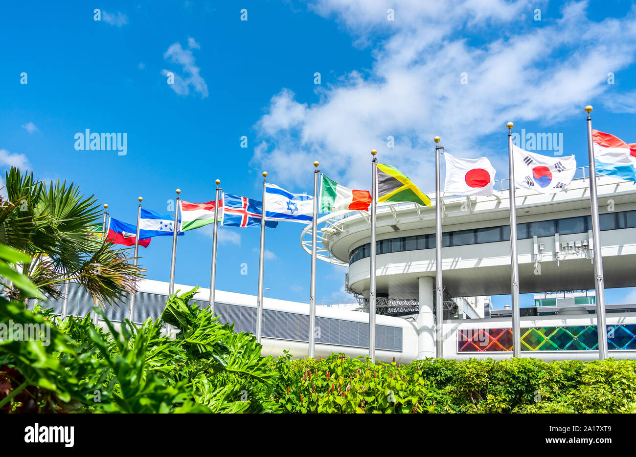Miami, USA September 21, 2019 Miami international airport with flags of many different