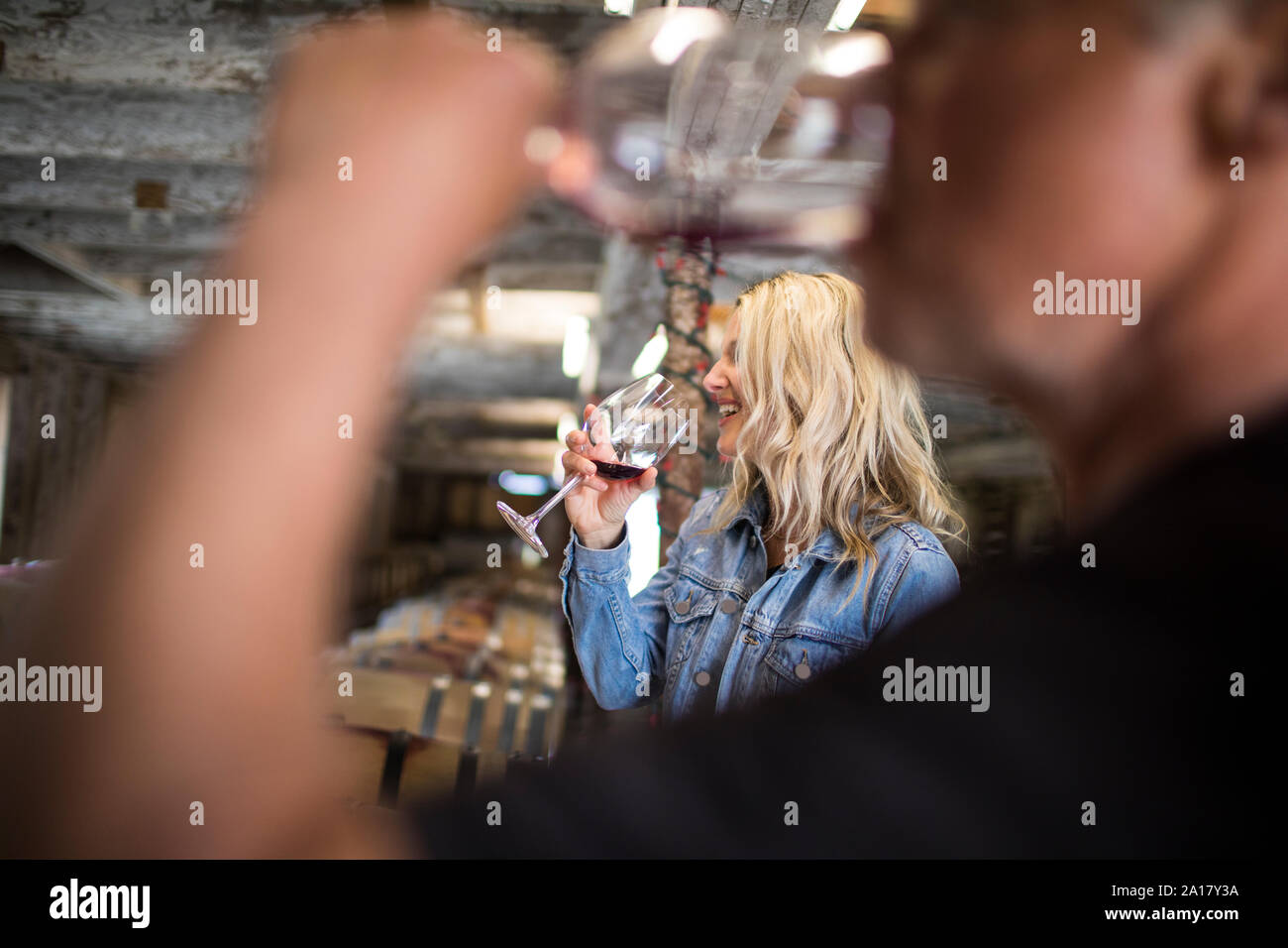 Attractive blonde woman tasting wine from oak barrels. Stock Photo