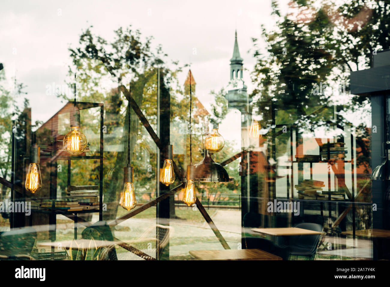 Blurred cafe background with glass walls. Selective focus Stock Photo