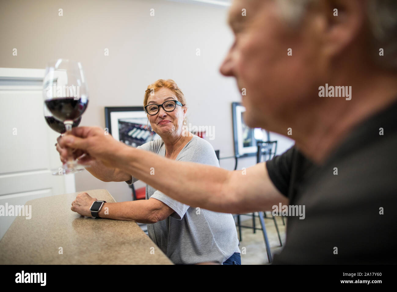 Couple cheers during a wine tasting at a local vineyard. Stock Photo