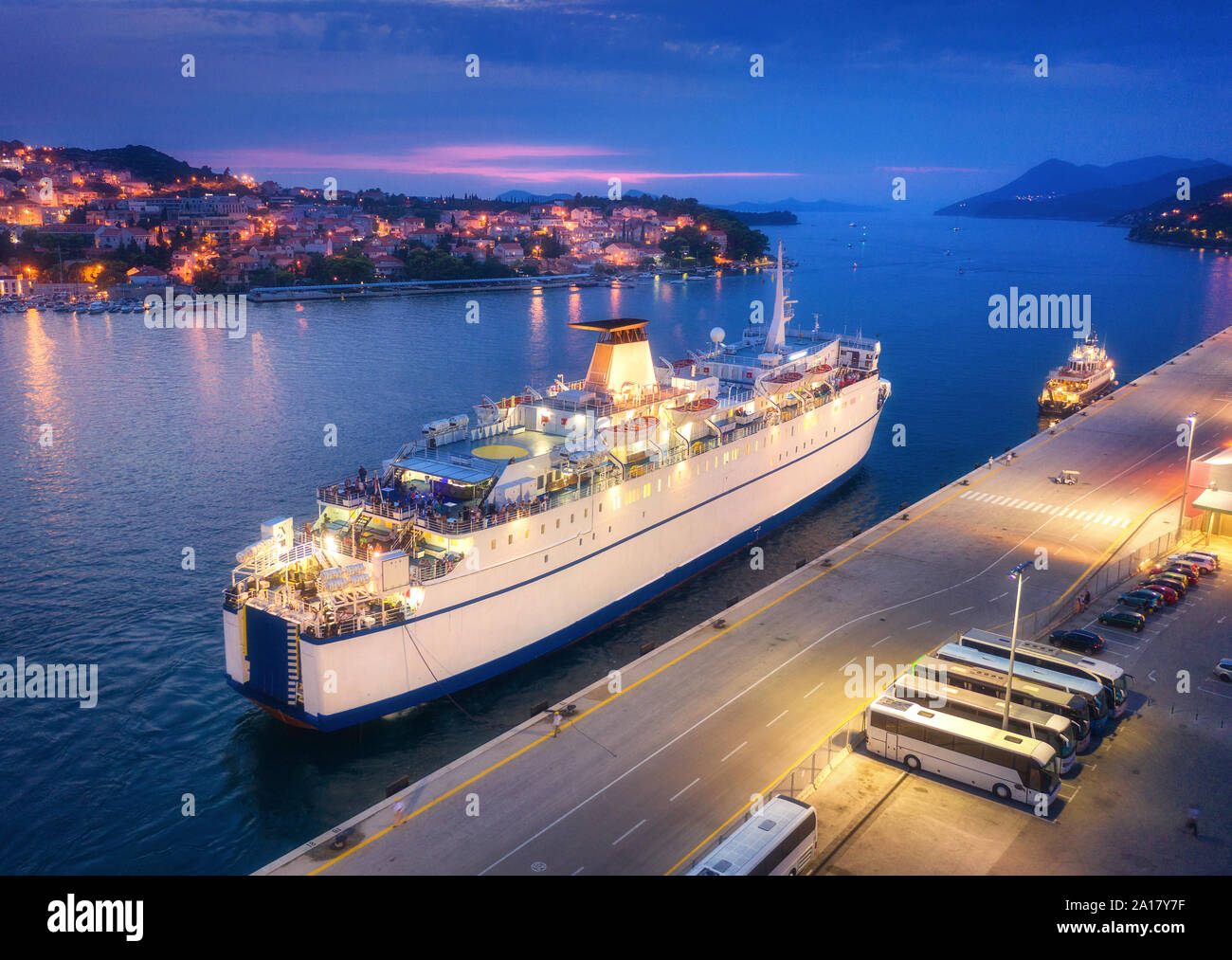 Aerial view of cruise ship at harbor at night Stock Photo - Alamy