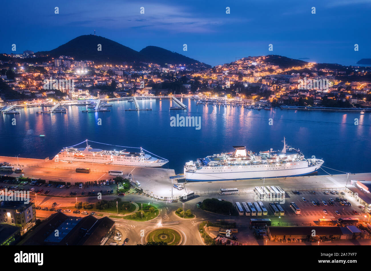 Aerial view of cruise ship at harbor at night Stock Photo - Alamy