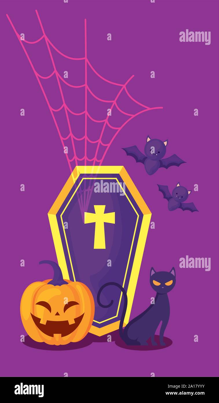 pumpkin with coffin and icons halloween vector illustration Stock ...