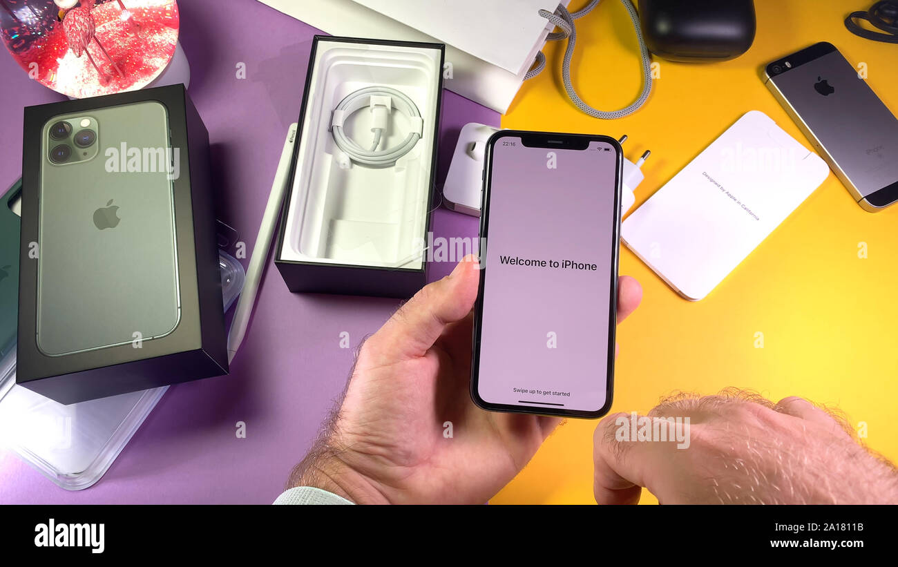 Paris, France - Sep 20, 2019: Welcome to iPhone after unboxing unpacking  new latest Apple Computers iPhone 11 Pro and 11 Pro Max smartphone  triple-lens camera and new technology Stock Photo - Alamy