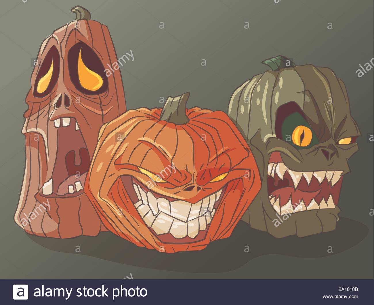 Three Carved Scary Pumpkins For Halloween Jack O Lantern October Autumn Celebration Devil And Death Haunting Glowing Eyes Nightmare Monsters Stock Vector Image Art Alamy