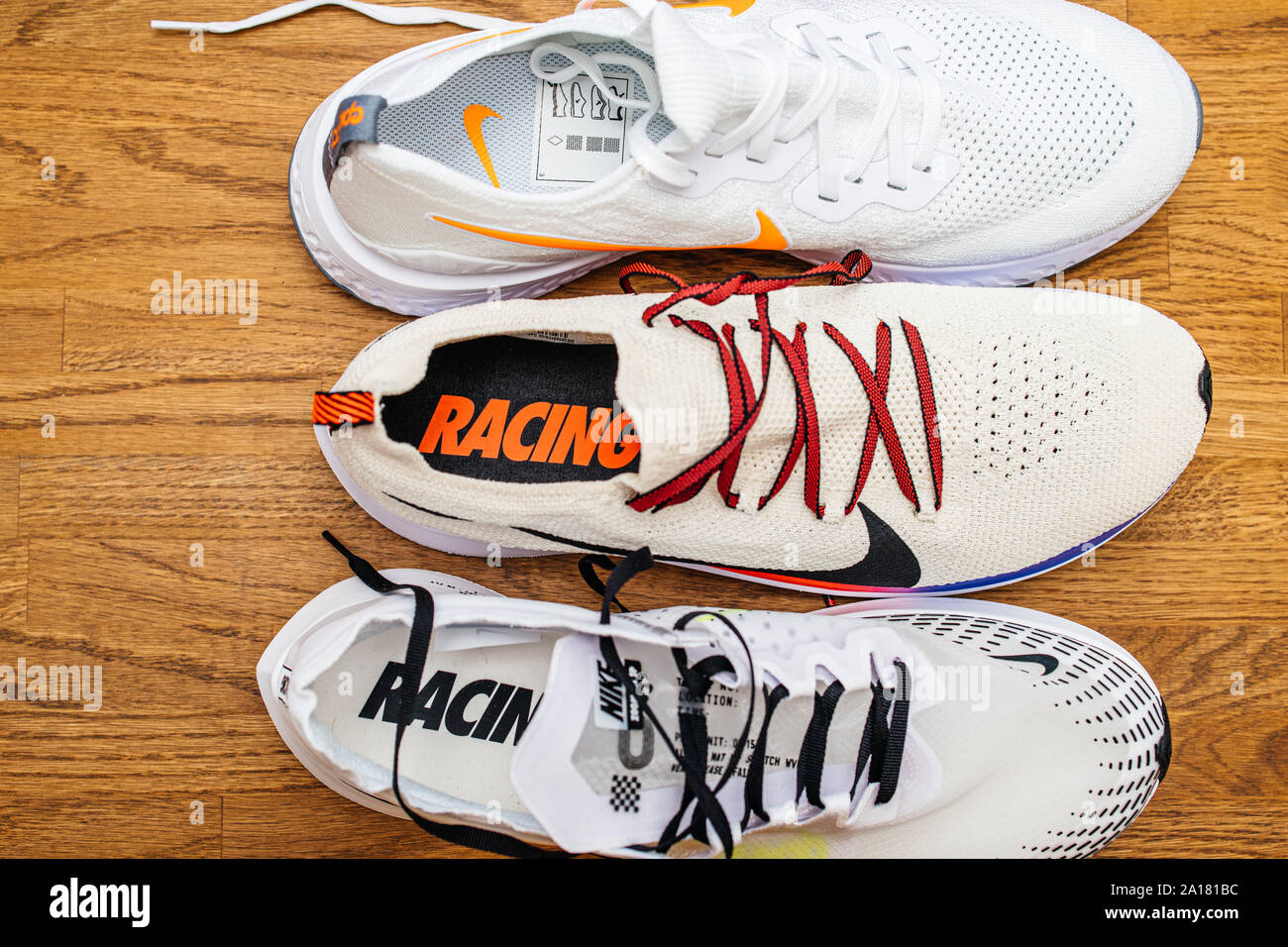Paris, France - Jul 8, 2019: View from above of three different pair of new  Nike professional