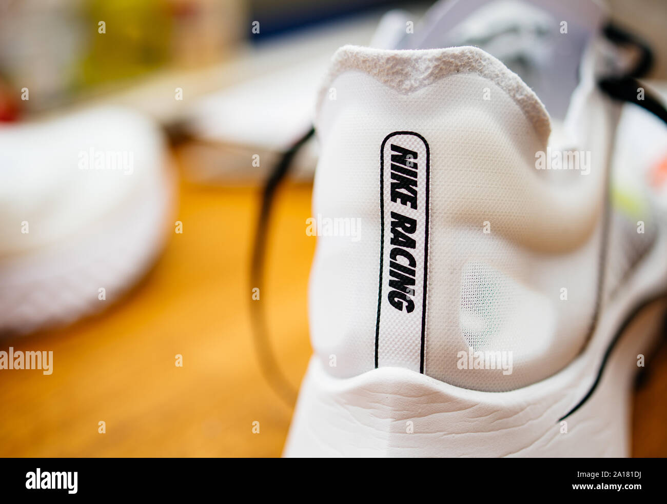 Paris, France - Jul 8, 2019: Close-up macro shot of new professional Nike  running sport shoe on wooden floor Nike Zoom Fly SP Fast racing shoees  Stock Photo - Alamy