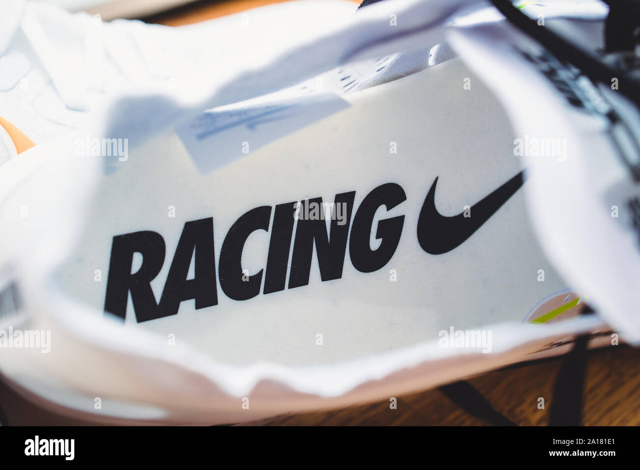 Paris, France - Jul 8, 2019: close-up macro shot of new professional Nike  running sport shoe