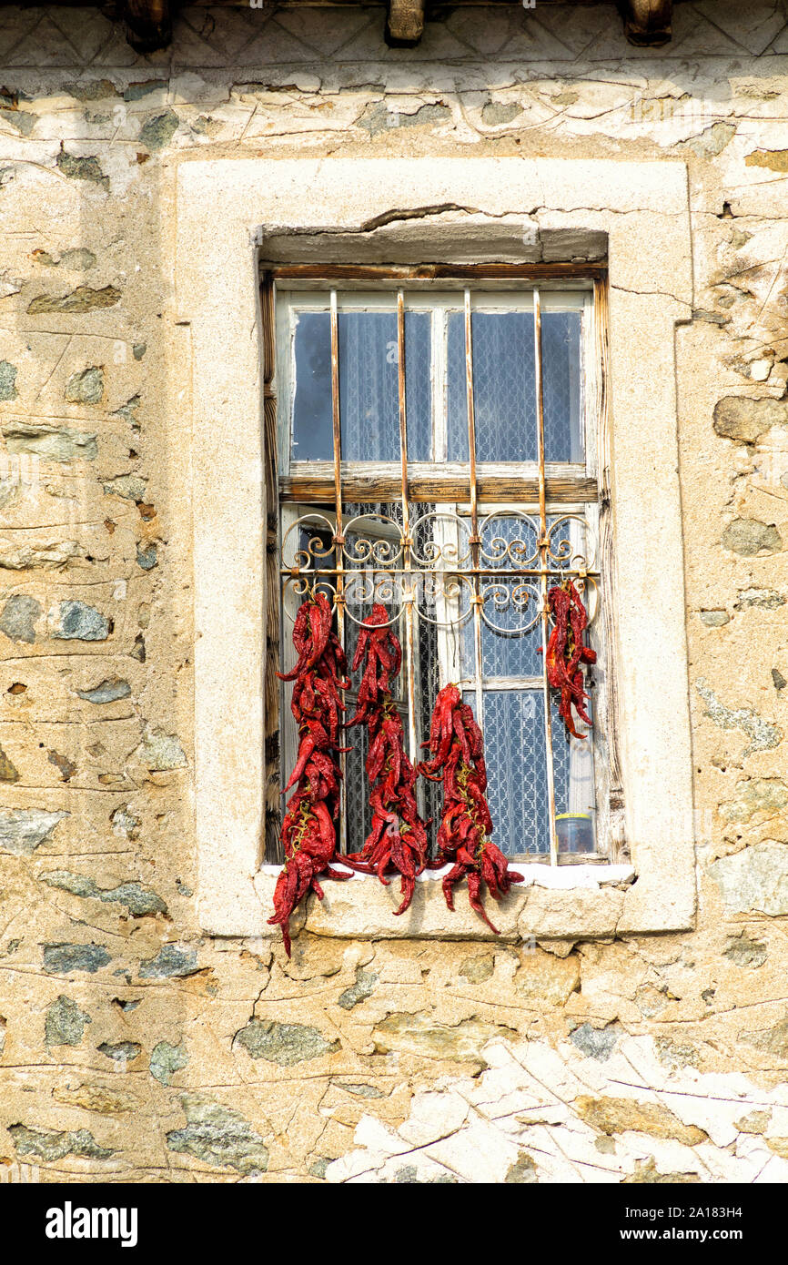 Bunches of red peppers dried in the sun hang in front of the window of old rustical building. Stock Photo