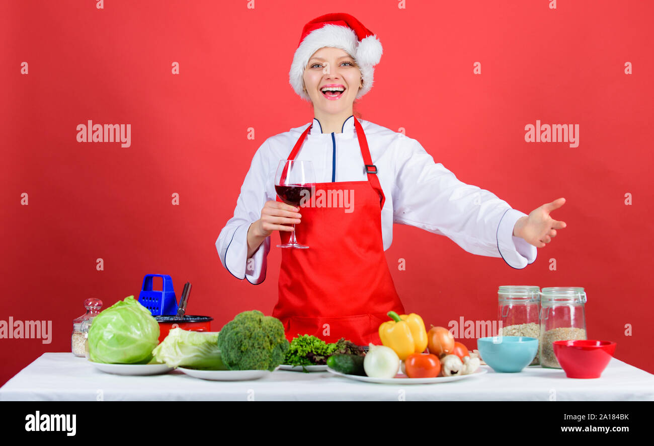 Festive Menu Concept Christmas Dinner Idea Christmas Menu Woman Chef Or Housewife Cooking And Drink Wine No Stress Best Christmas Recipes Enjoy Easy Ideas For Winter Party And Holiday Dinner Stock Photo