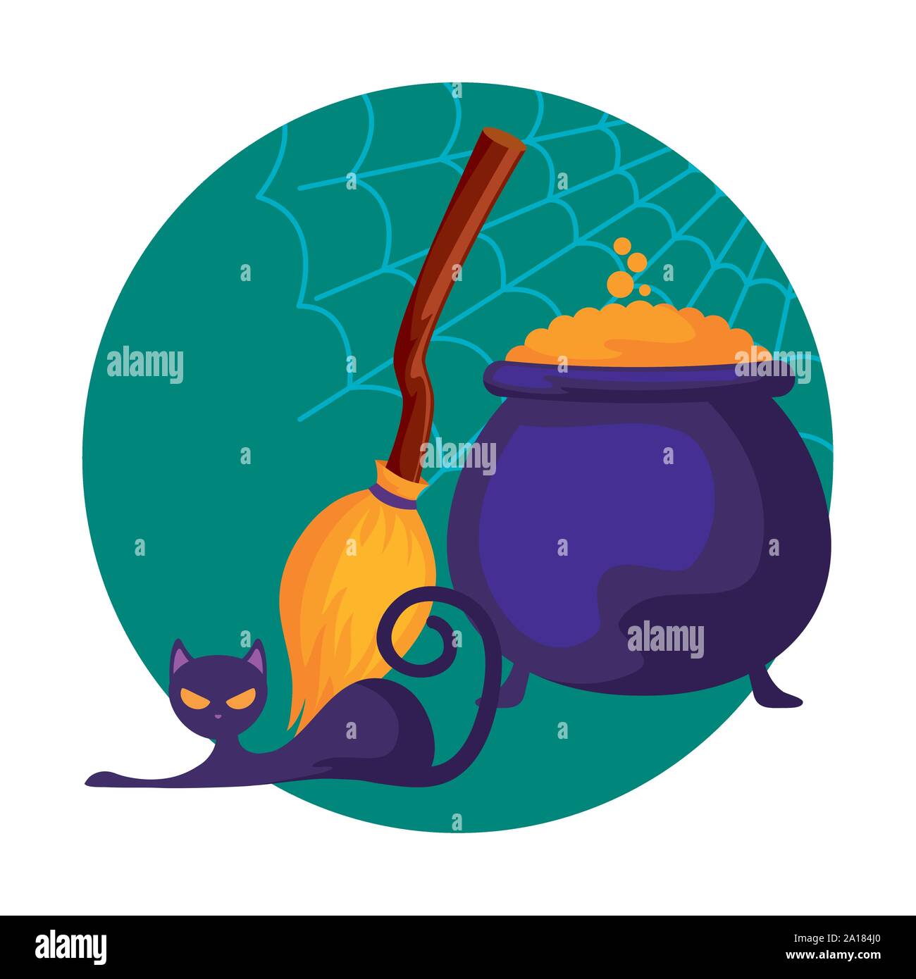 cauldron of halloween with broom witch and cat icon vector illustration ...