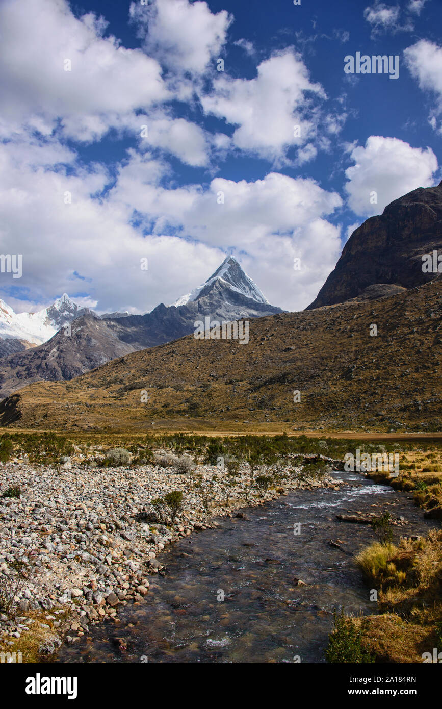 Artesonraju, the peak that inspired the Paramount Pictures logo, Santa Cruz trek, Cordillera Blanca, Ancash, Peru Stock Photo