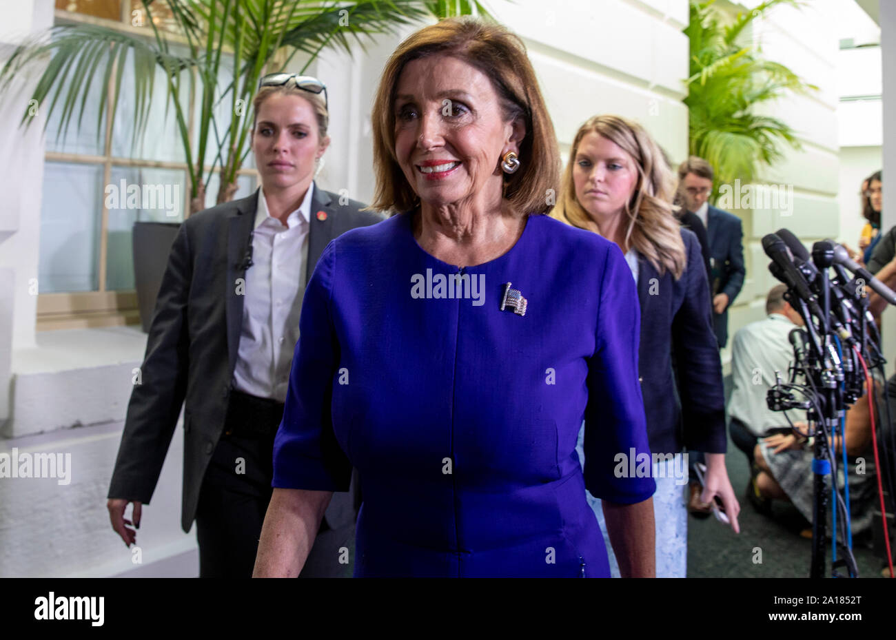 Washington, United States Of America. 24th Sep, 2019. WASHINGTON, DC: Speaker of the United States House of Representatives Nancy Pelosi (Democrat of California) after attending a meeting with the House Democratic caucus after talking the possible impeachment of US President Donald J. Trump on Capitol Hill on September 24, 2019. Credit: Tasos Katopodis/CNP Photo via Credit: Newscom/Alamy Live News Stock Photo