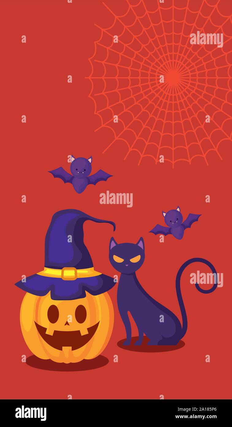 pumpkins with cat in halloween scene vector illustration Stock Vector ...