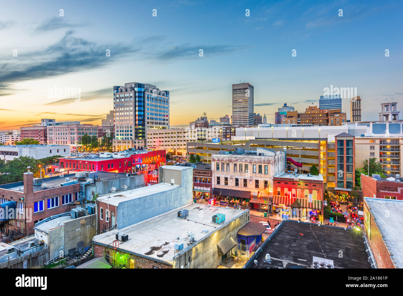 Memphis, Tennesse, USA downtown cityscape at dusk over Beale Street