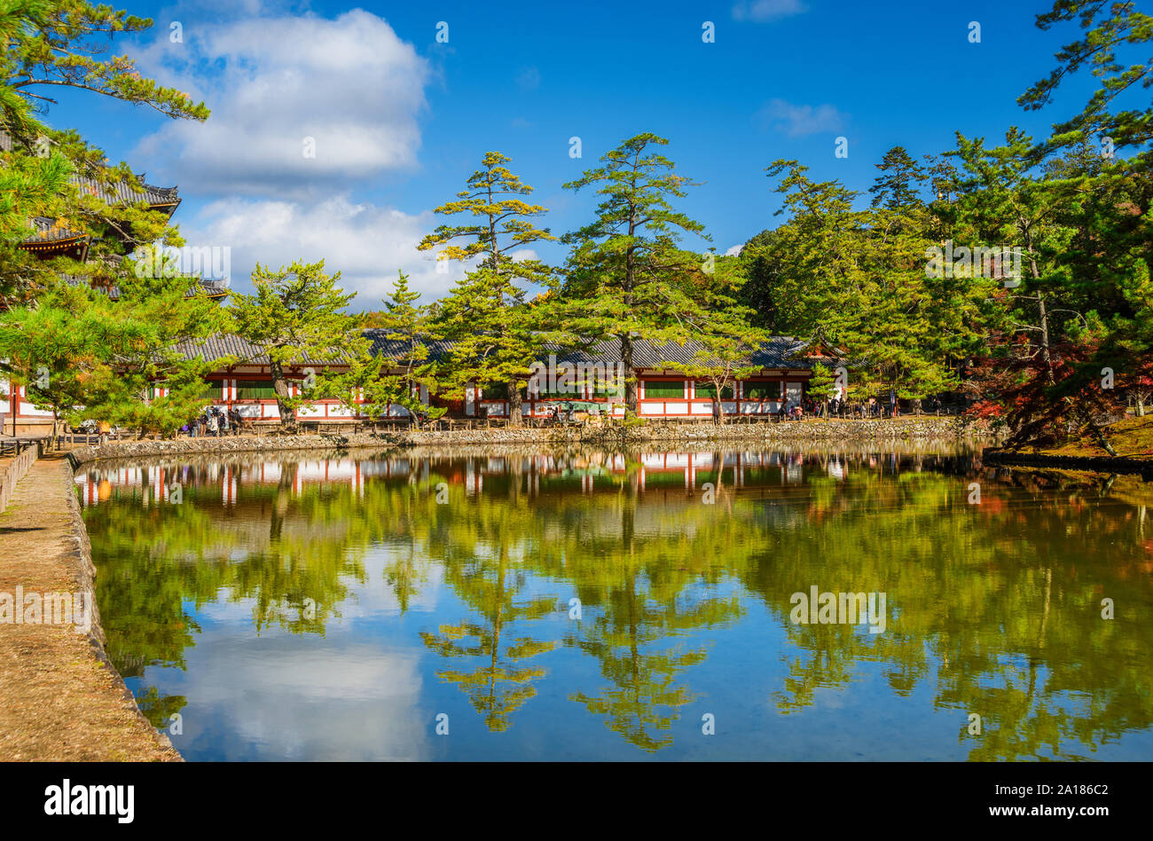 View of Kagami Ike (Mirror Pond) in front of the famous Todai-ji Temple in Nara Park Stock Photo