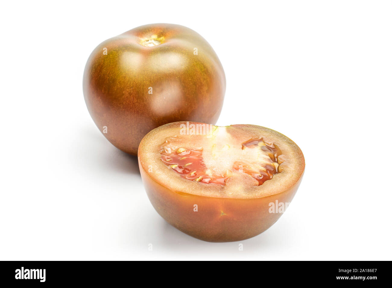 Group of one whole one half of fresh green red tomato isolated on white ...