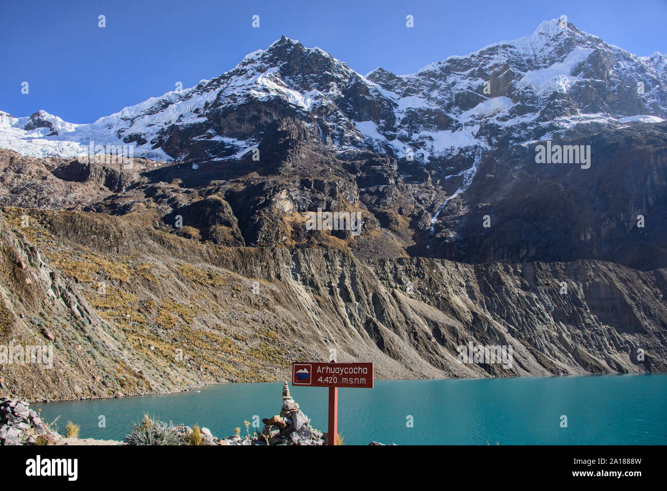 Laguna Arhuaycocha above Alpamayo Basecamp, Cordillera Blanca, Ancash, Peru Stock Photo